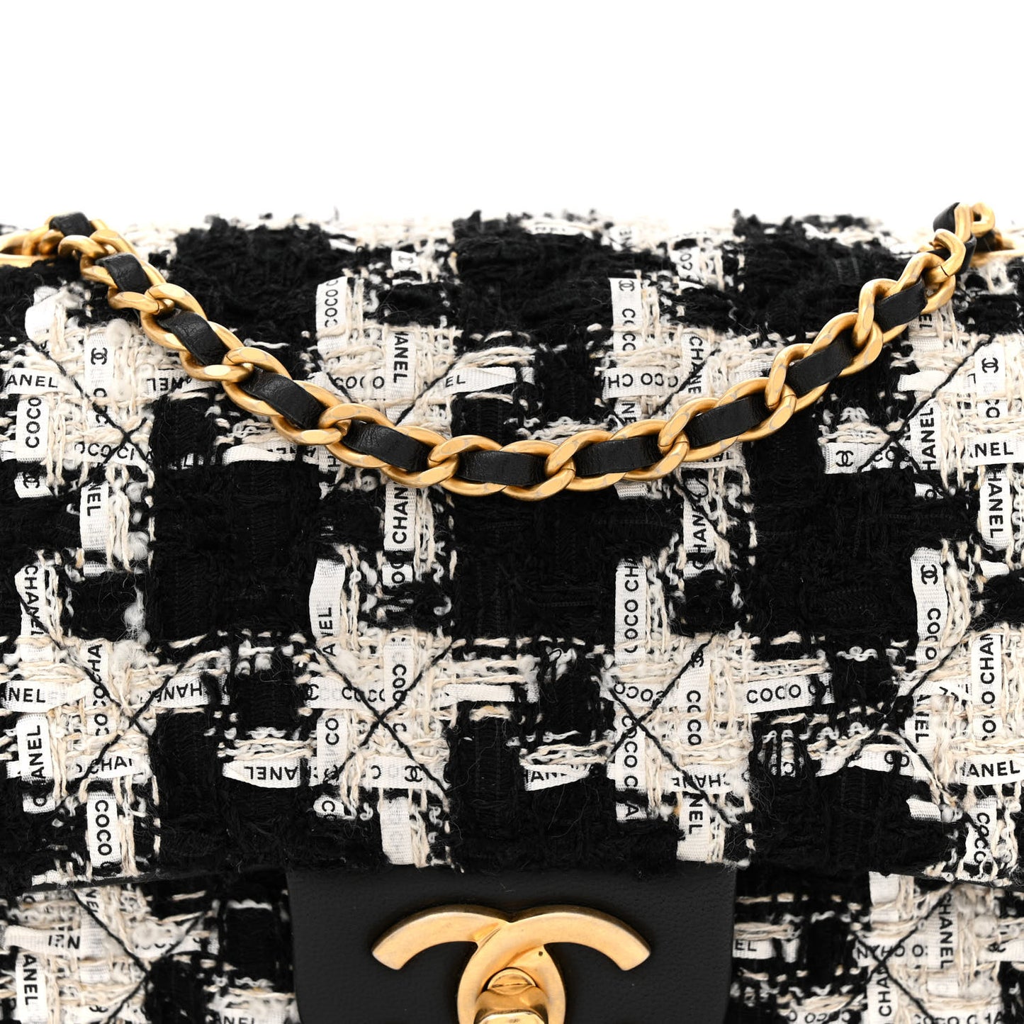 Tweed Quilted Mini Side Pearl Flap Bag Black Ecru White
