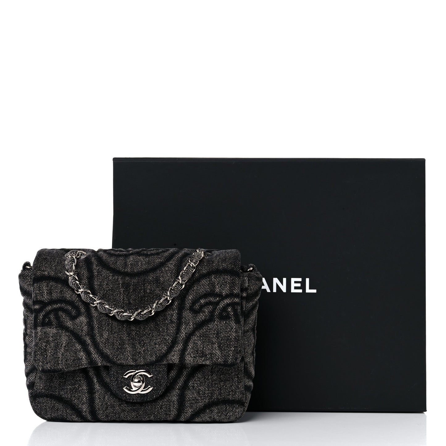 Denim Embossed CC Logo Print Mini Single Flap Black