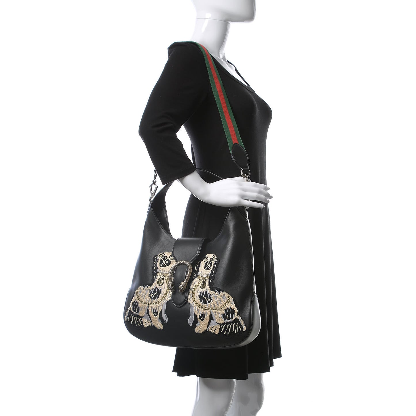 Calfskin Web Dog Embroidered Medium Dionysus Hobo Black