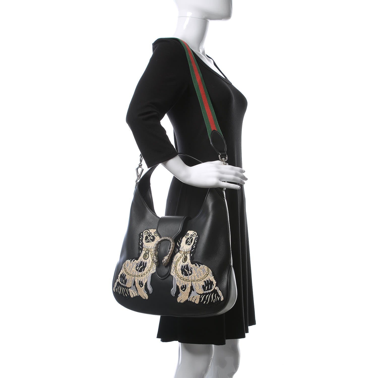 Gucci Calfskin Web Dog Embroidered Medium Dionysus Hobo Black 2 of 10