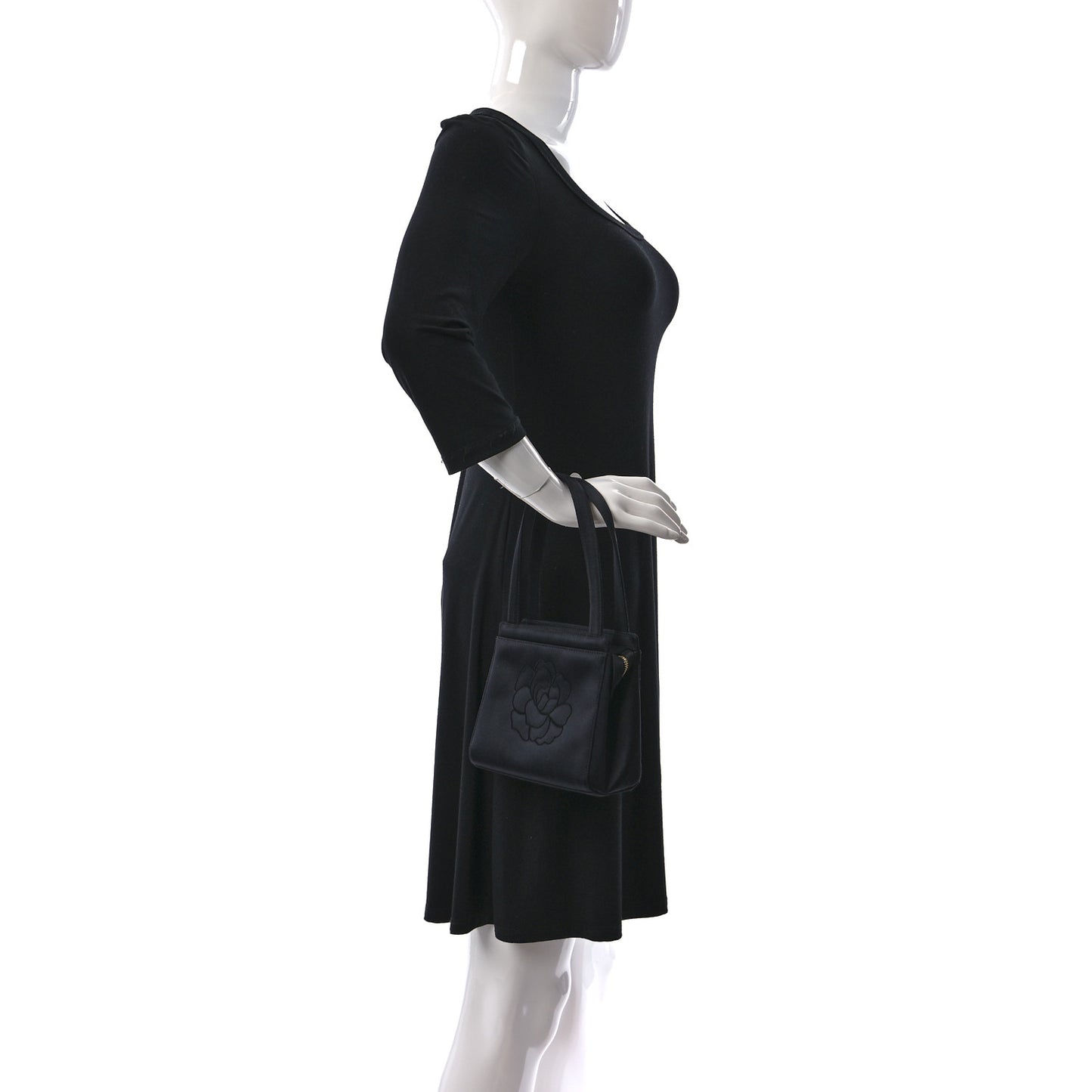 Satin Camellia Top Handle Bag Black