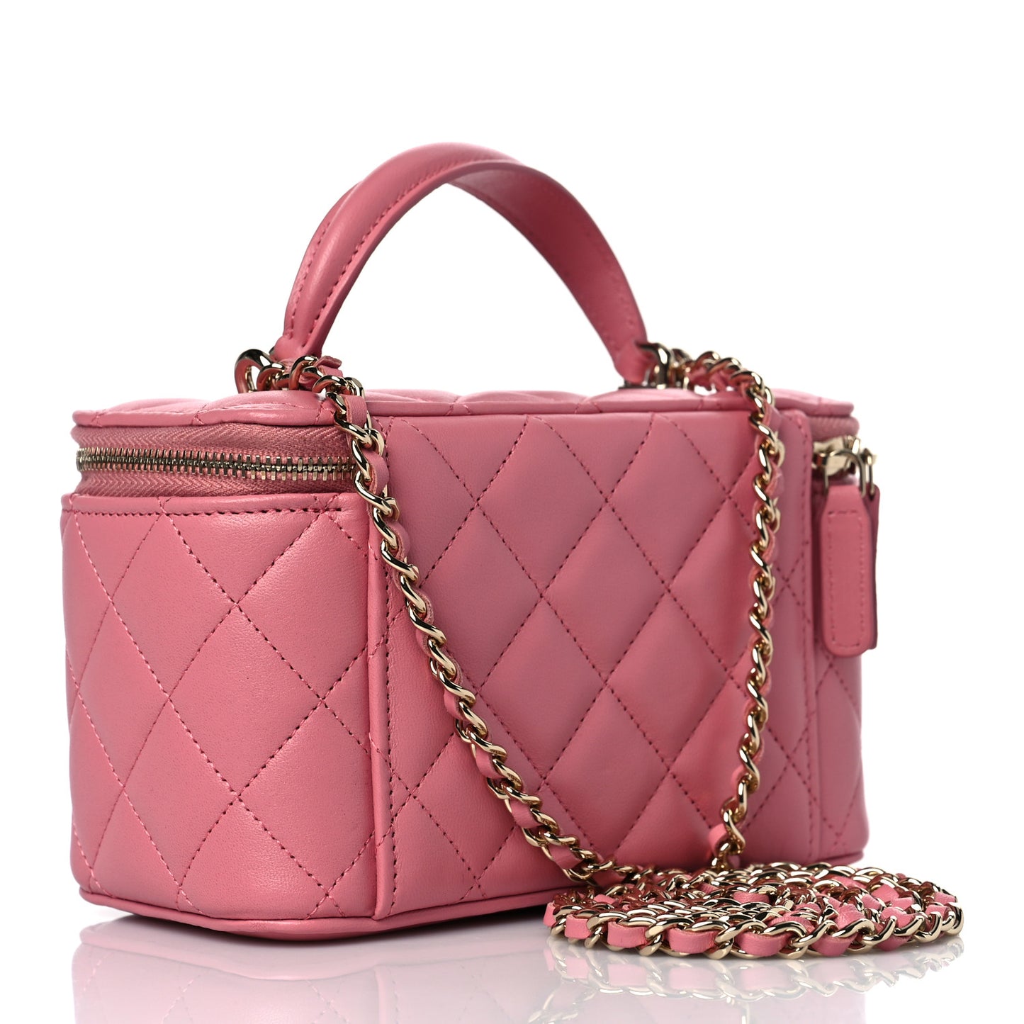 Lambskin Quilted Small Top Handle Vanity Case With Chain Dark Pink