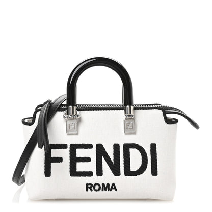 Fendi Canvas Vitello King Plexiglass Logo Embroidered Mini By The Way Top Handle Boston Bag White Rice Black 1 of 11