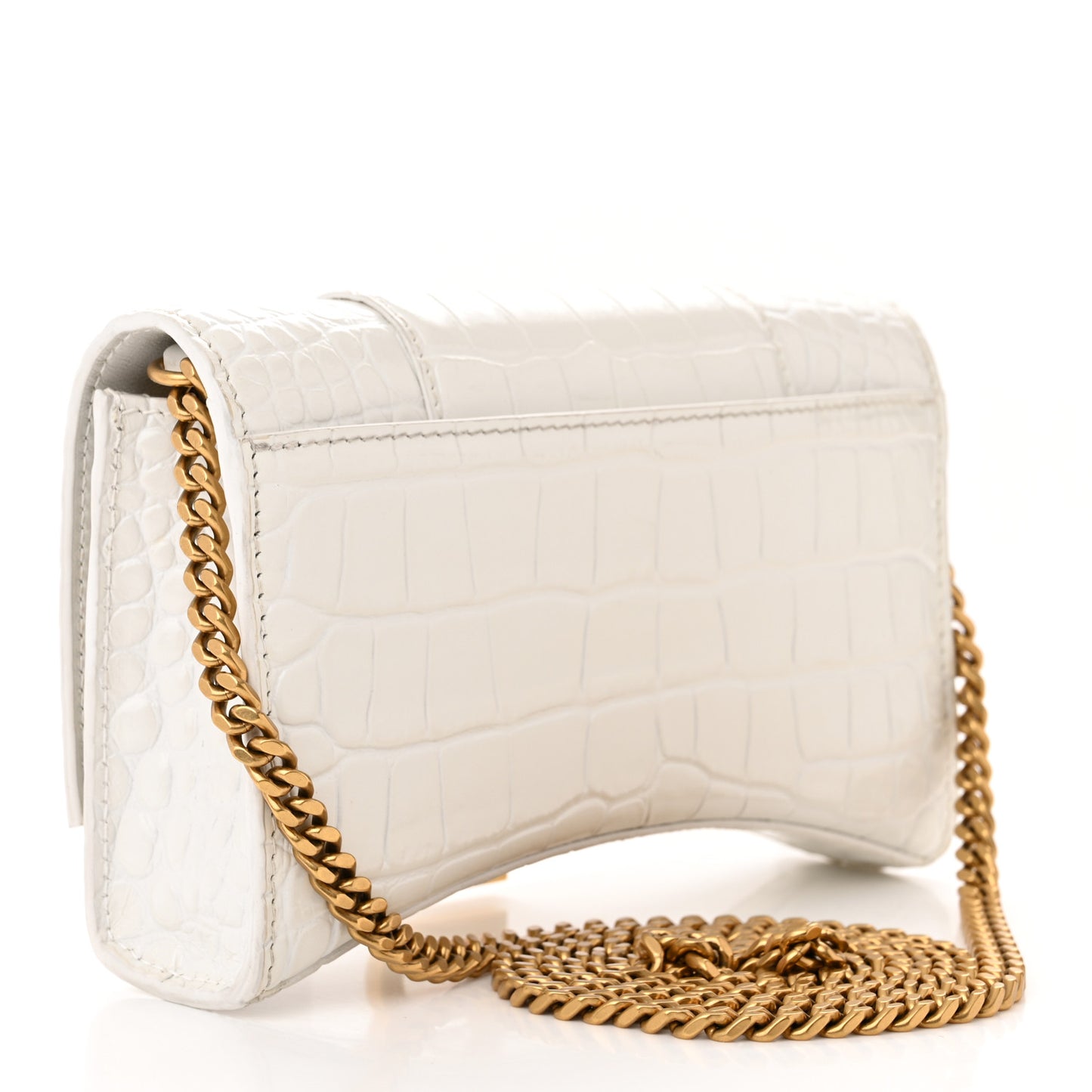 Shiny Calfskin Crocodile Embossed Hourglass Chain Bag White