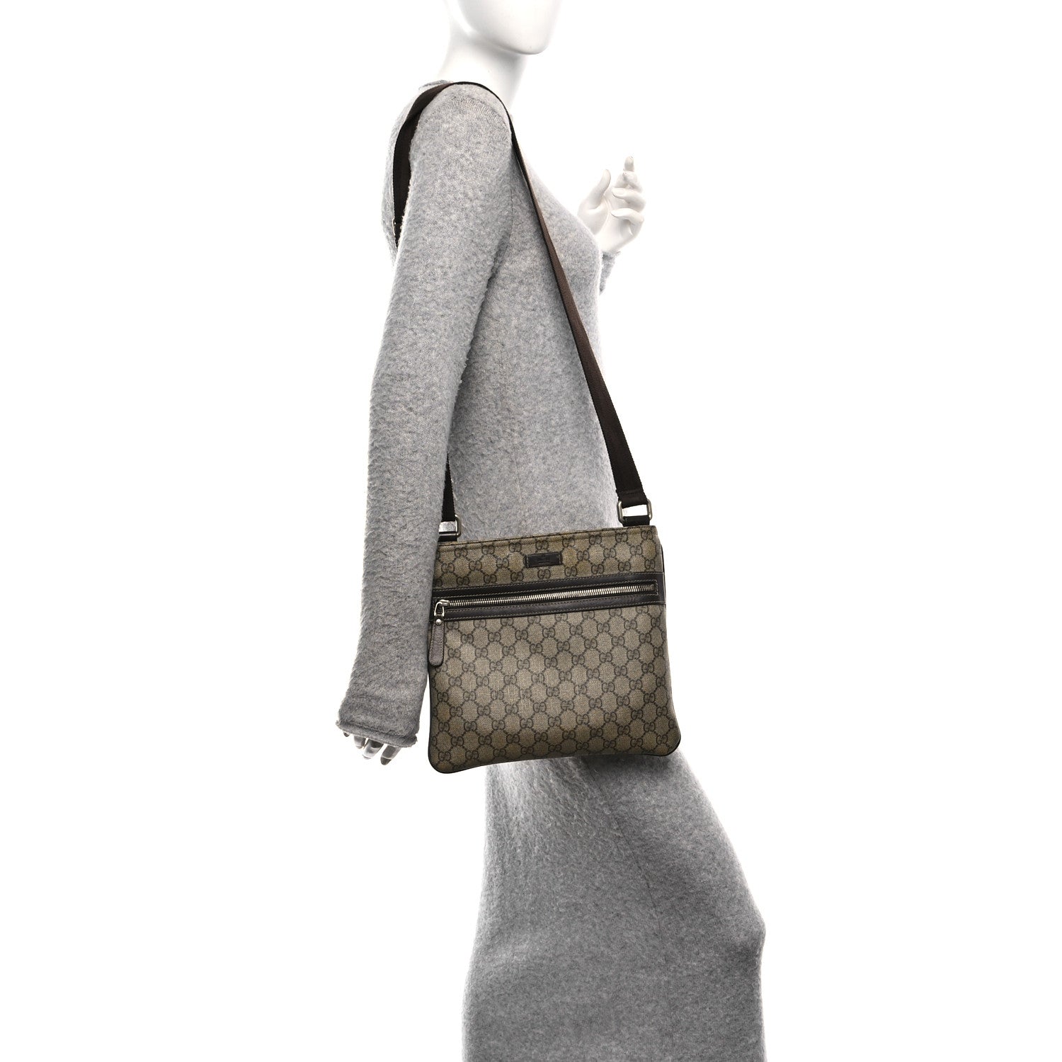 Gucci GG Supreme Monogram Selleria Calfskin Small Flat Side Zip Messenger Bag Beige Ebony Cocoa Dark Chocolate 2 of 12