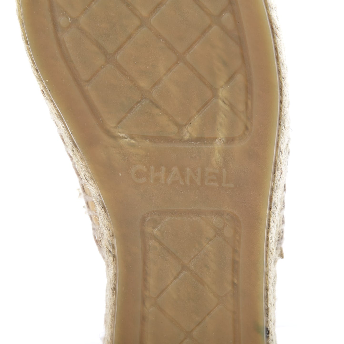 Lambskin Grosgrain Quilted CC Chain Espadrille Mules 39 Beige Black