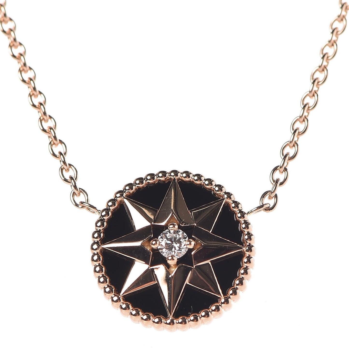 18K Rose Gold Diamond Black Onyx Rose Des Vents Necklace
