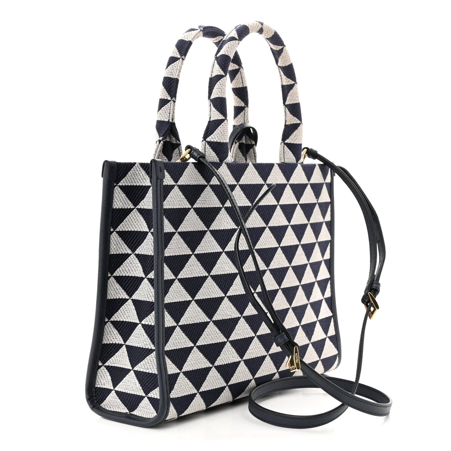 Jacquard Saffiano Triangolo Symbole Embroidered Small Tote Baltico Talco