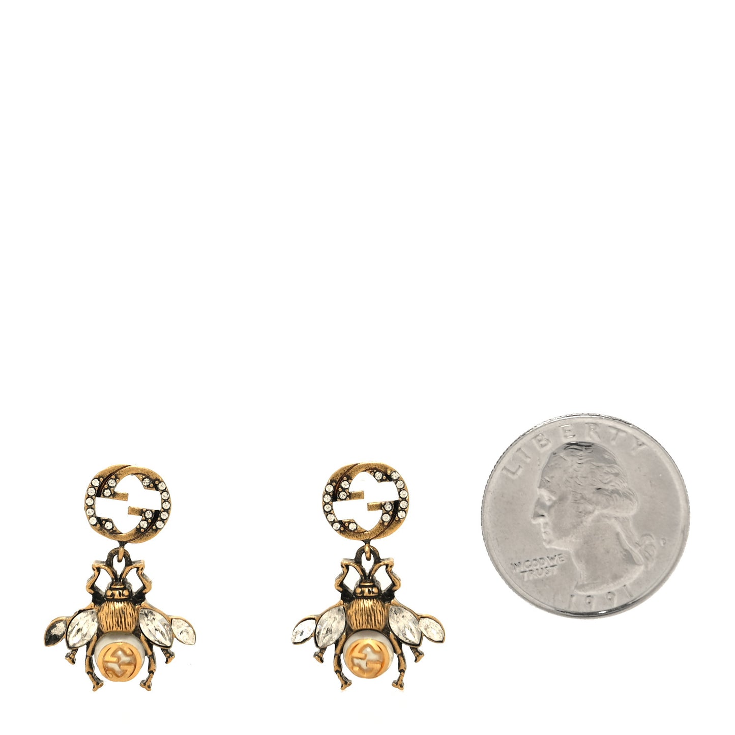 Crystal Pearl GG Drop Bee Earrings Gold