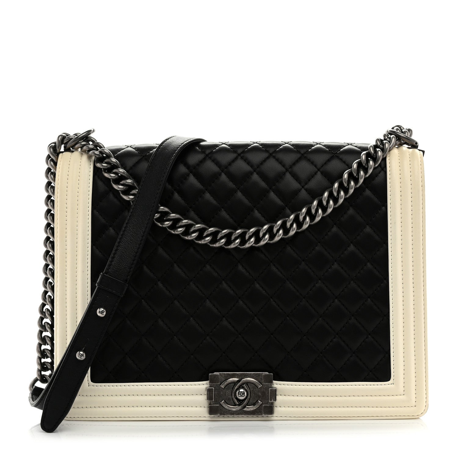 Chanel Lambskin Quilted Large Boy Flap Black White 1 of 13