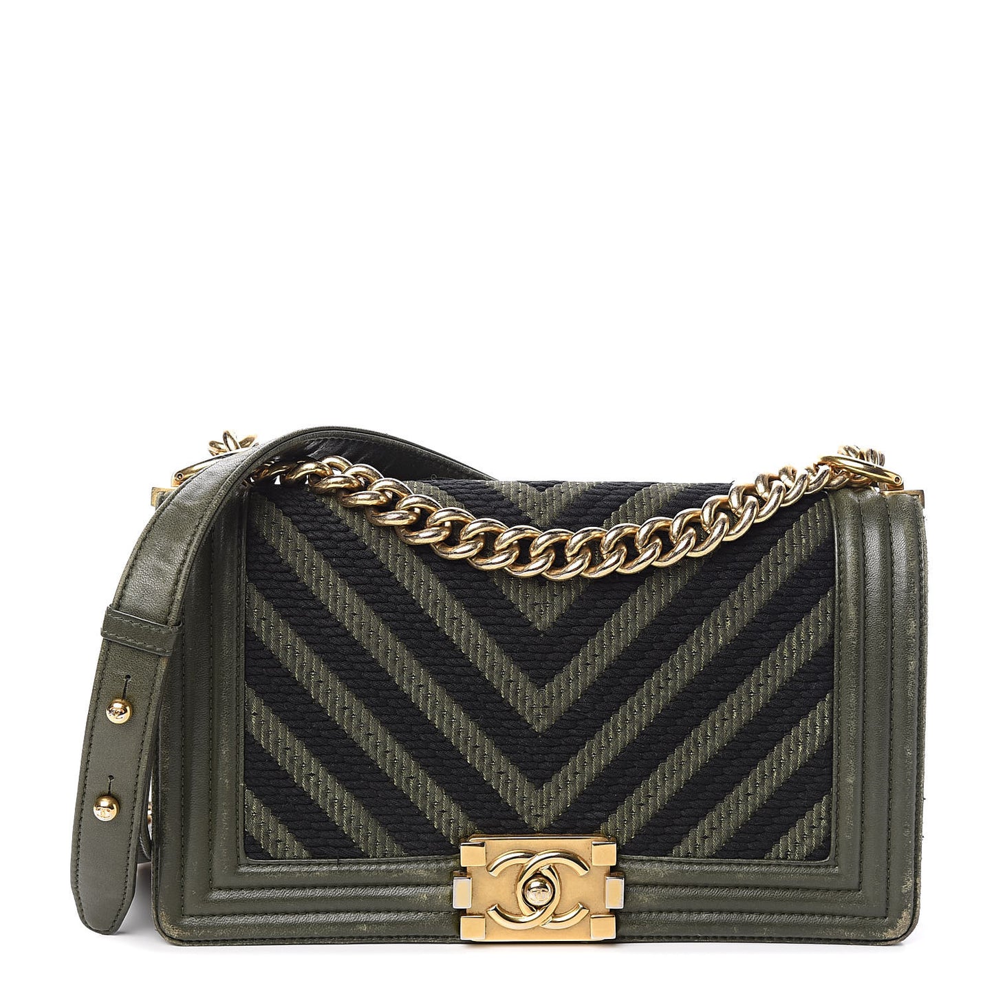 Fabric Chevron Braided Medium Boy Flap Black Dark Green