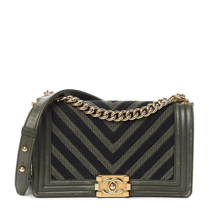 Chanel Fabric Chevron Braided Medium Boy Flap Black Dark Green 1 of 17