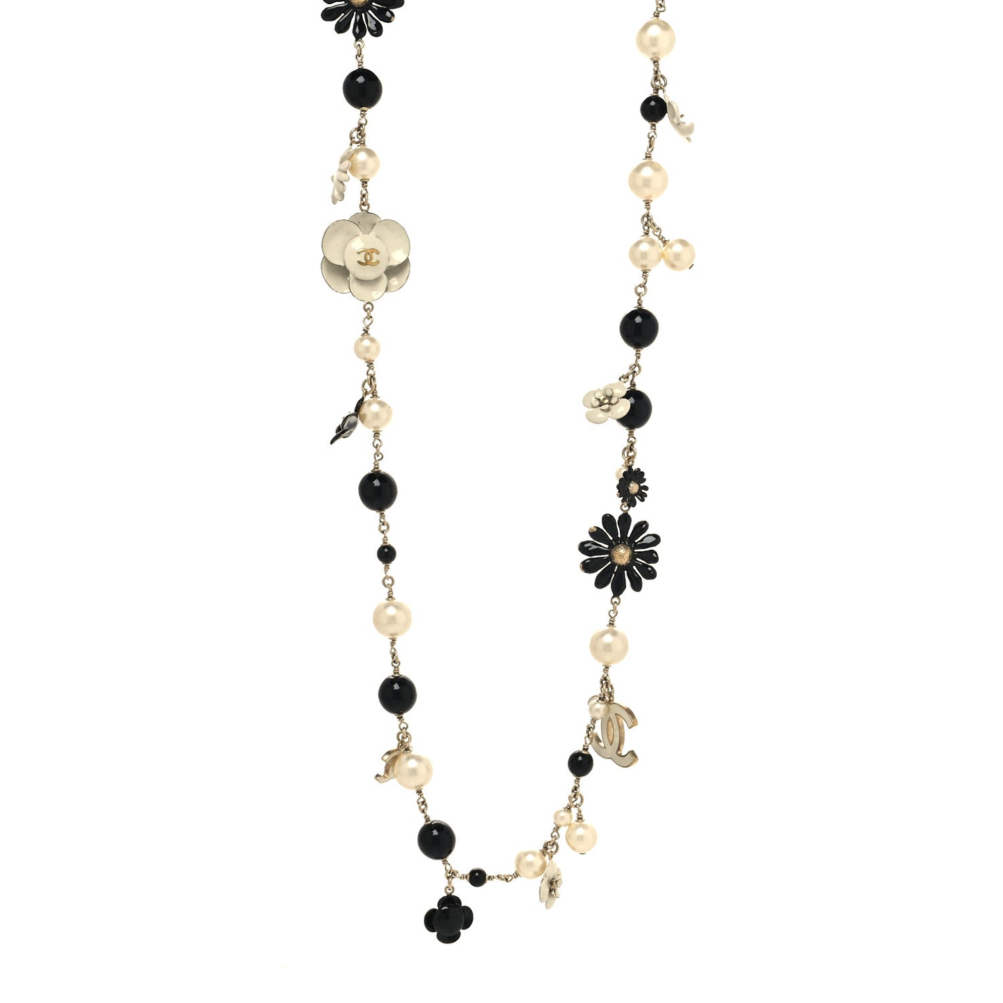 Pearl Camellia CC Long Necklace Gold Black
