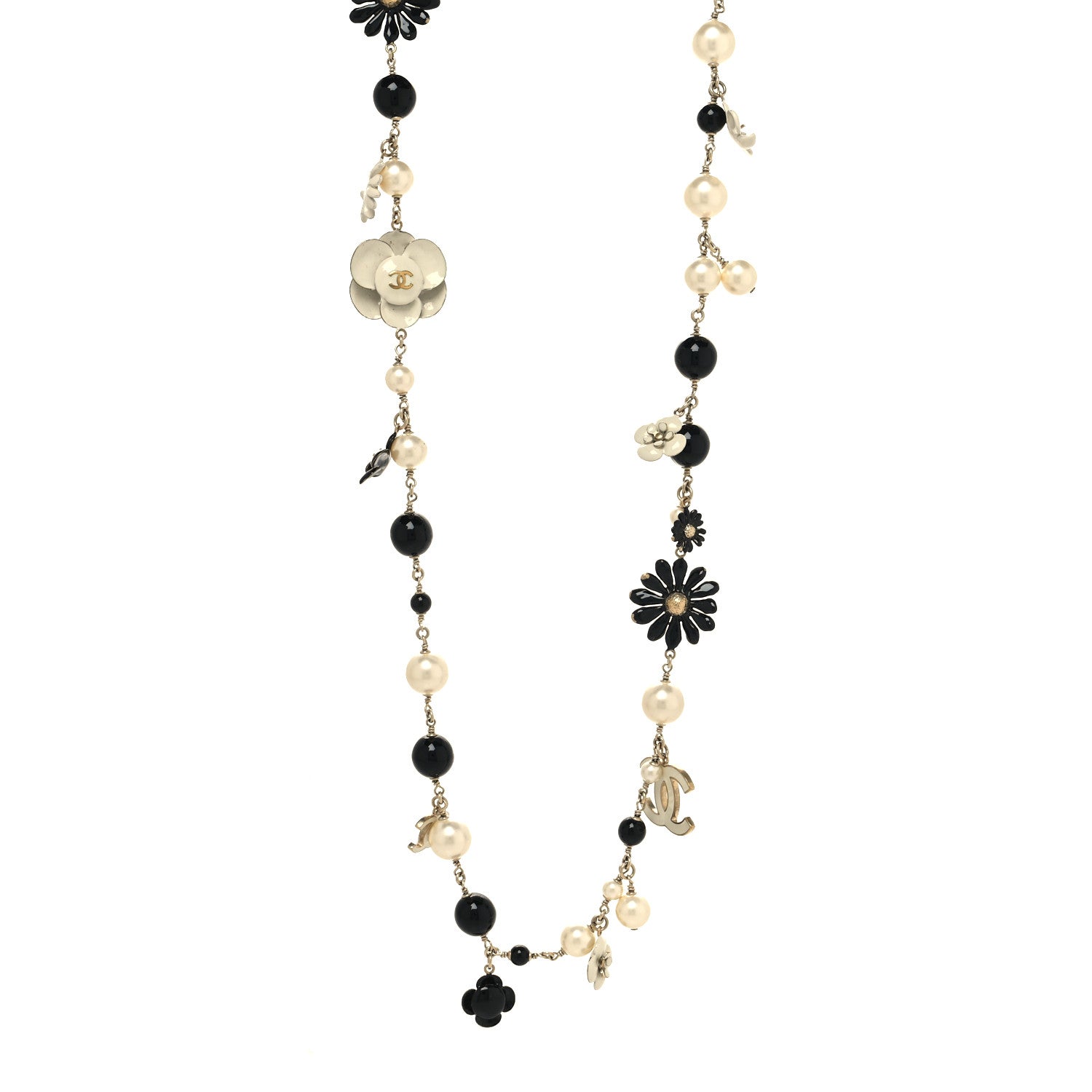 Chanel Pearl Camellia CC Long Necklace Gold Black 1 of 5
