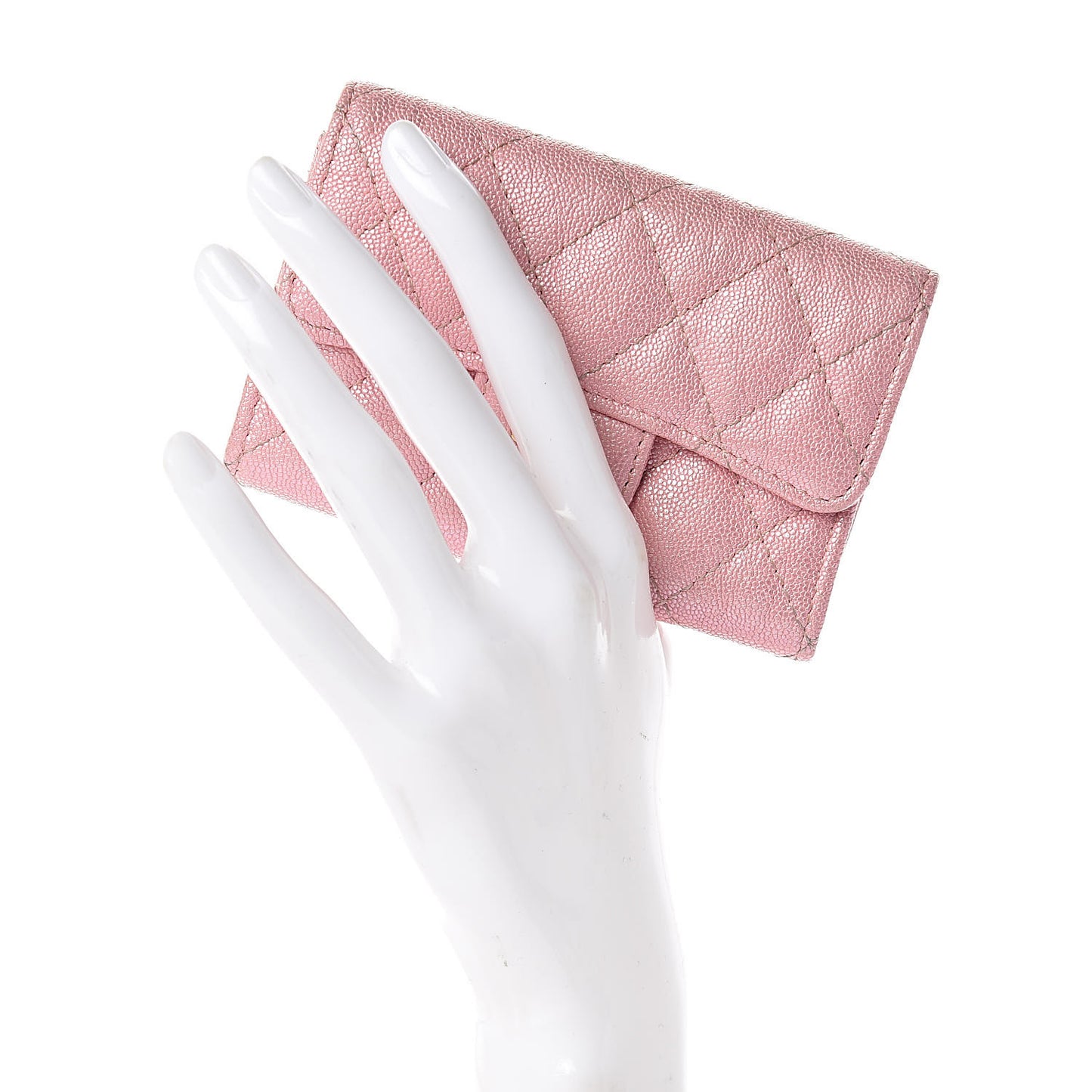 Iridescent Caviar Quilted Flap Card Holder Rose Pink