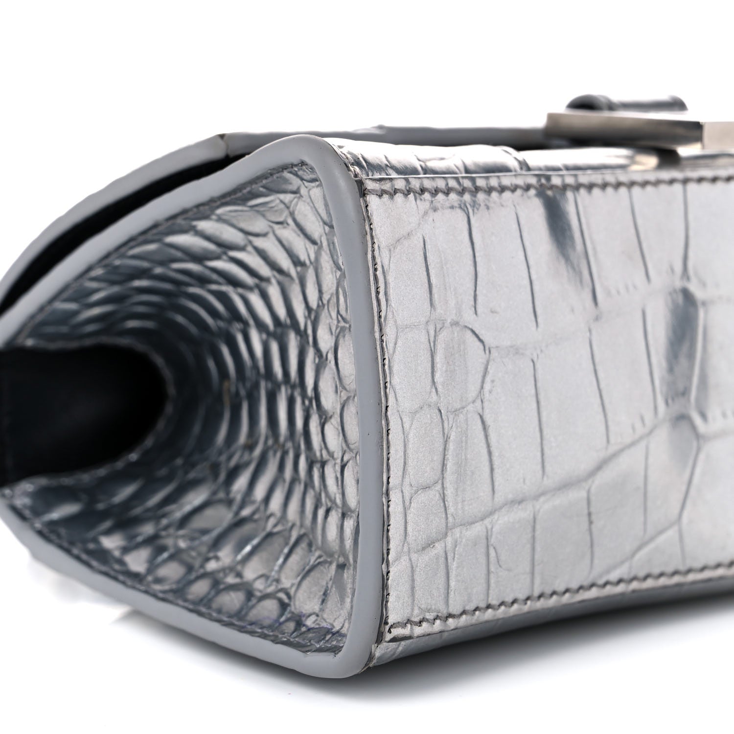 Balenciaga Metallic Calfskin Crocodile Embossed Hourglass Top Handle Bag XS Silver 7 of 14