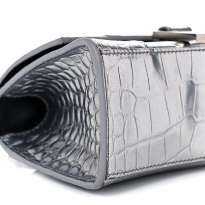 Balenciaga Metallic Calfskin Crocodile Embossed Hourglass Top Handle Bag XS Silver 7 of 14