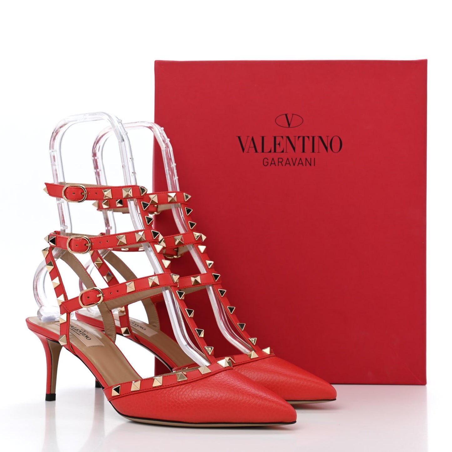Pebbled Calfskin Rockstud Ankle Strap 65mm Pumps Deep Coral