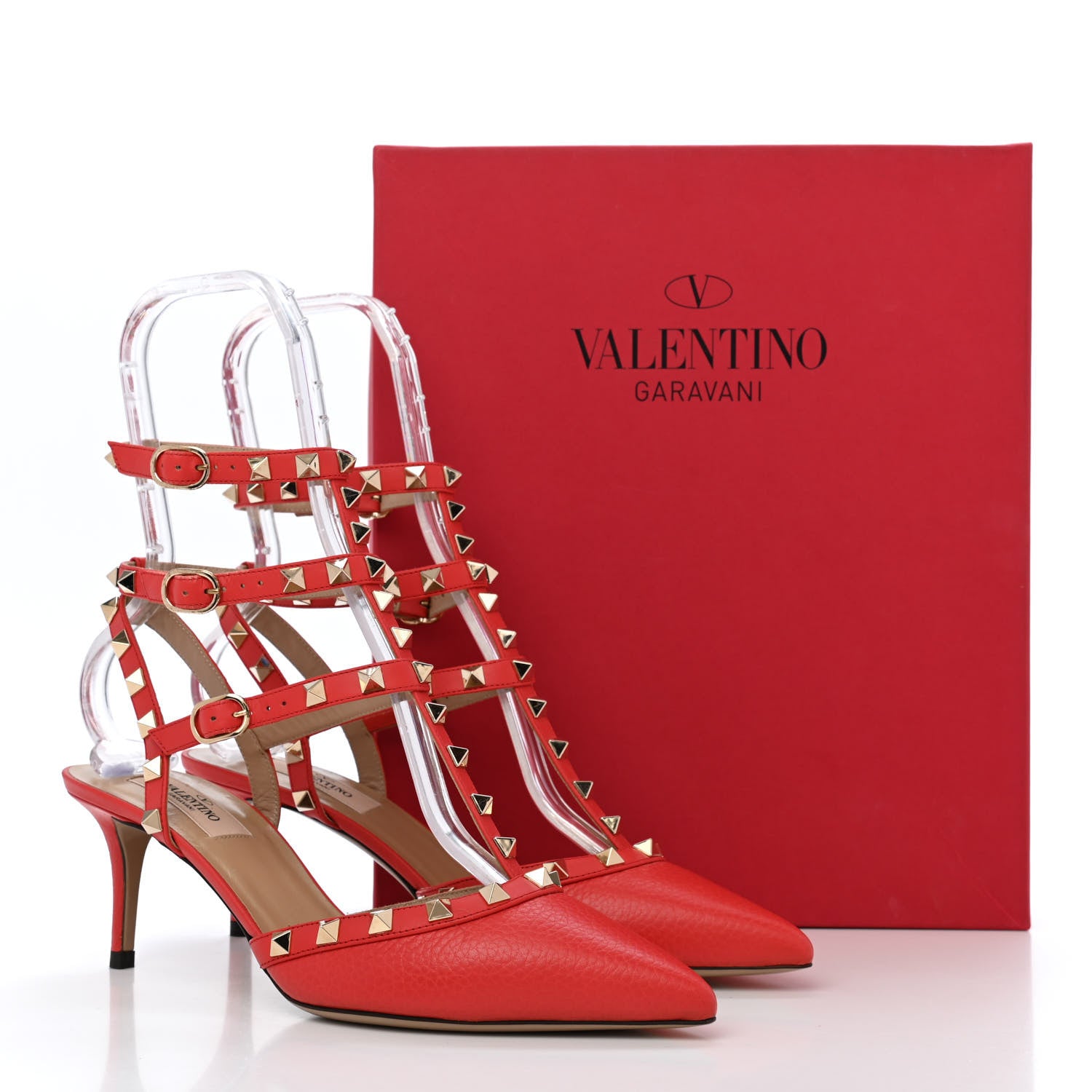 Valentino Garavani Pebbled Calfskin Rockstud Ankle Strap 65mm Pumps Deep Coral 11 of 11