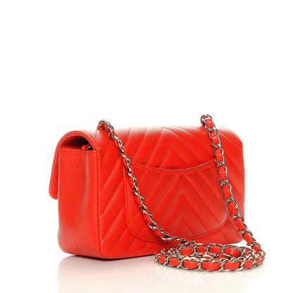 Chanel Caviar Chevron Quilted Mini Rectangular Flap Red 3 of 9