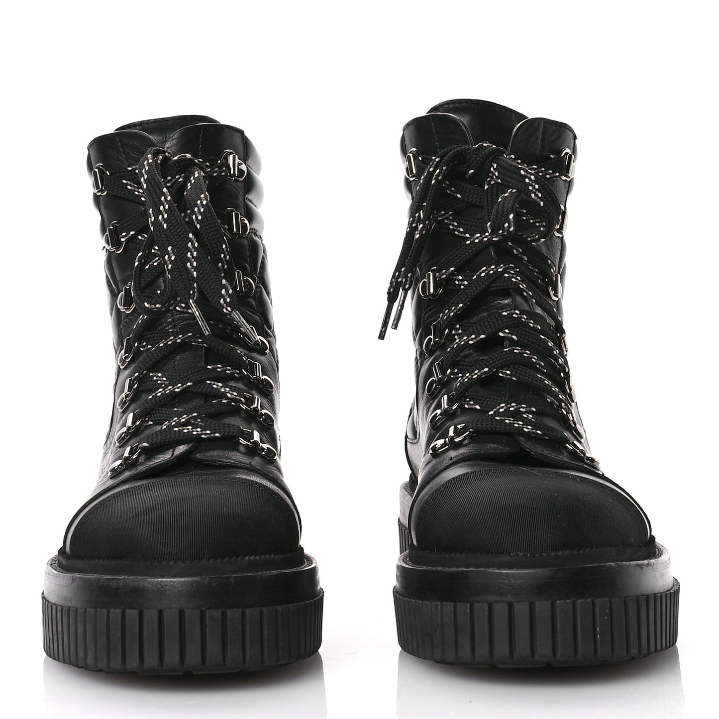 Calfskin Grosgrain Quilted Lace Up Boots 38 Black Grey