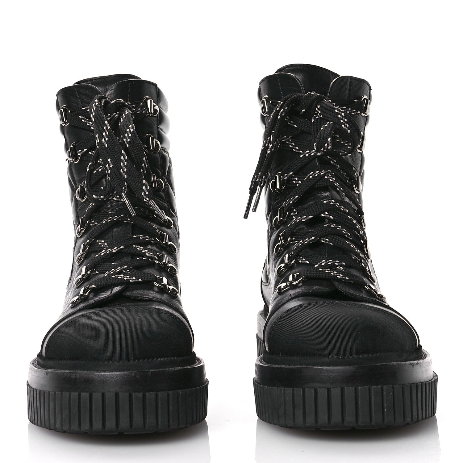 Chanel Calfskin Grosgrain Quilted Lace Up Boots 38 Black Grey 3 of 9