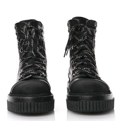 Chanel Calfskin Grosgrain Quilted Lace Up Boots 38 Black Grey 3 of 9
