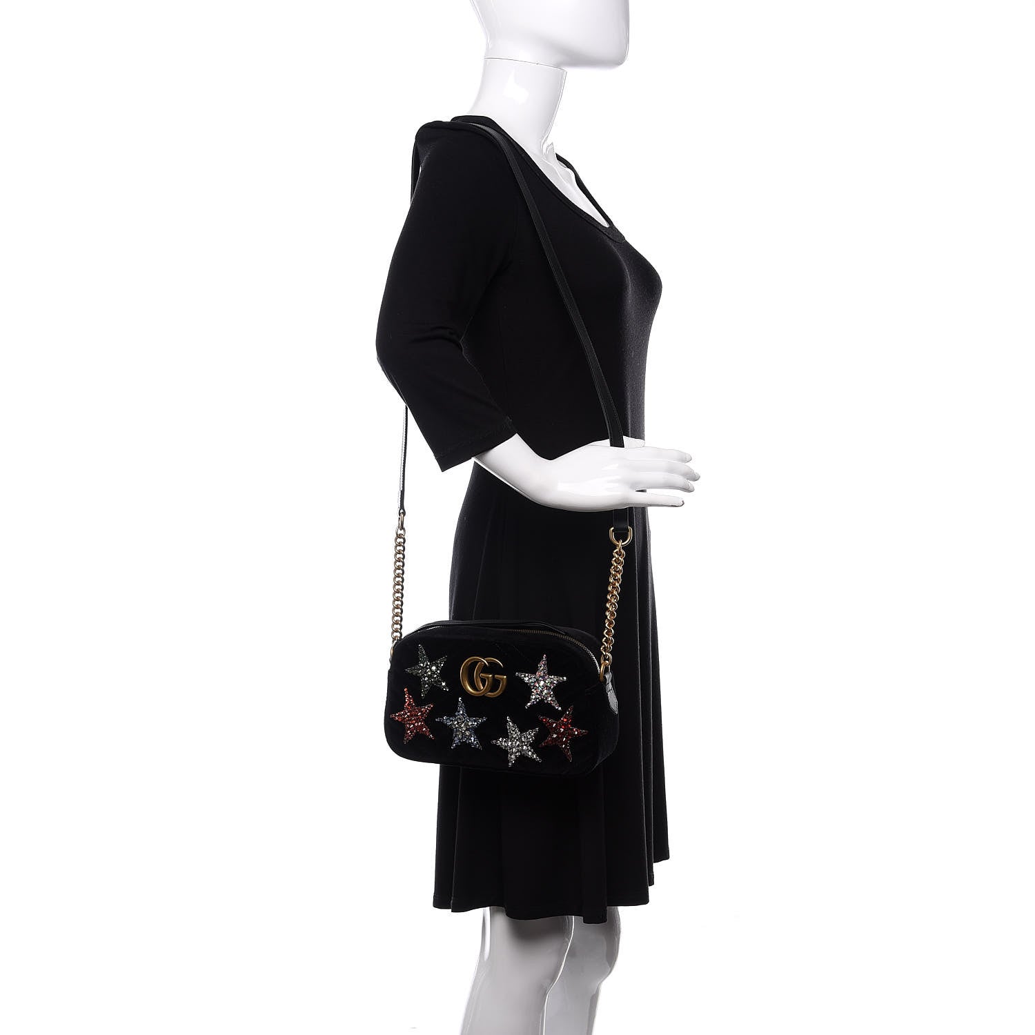 Gucci Velvet Matelasse Crystal Star Embroidered Small GG Marmont Chain Shoulder Bag Black 2 of 10