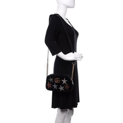 Gucci Velvet Matelasse Crystal Star Embroidered Small GG Marmont Chain Shoulder Bag Black 2 of 10