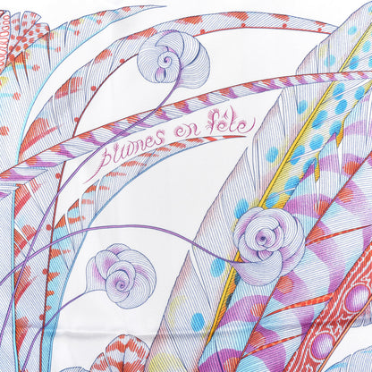 Hermes Silk Plumes En Fete Scarf 90 White Corail Parme 4 of 5