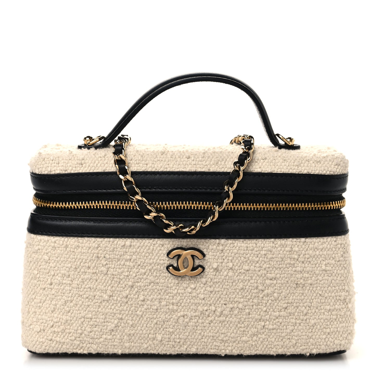 Boucle Calfskin Top Handle Slim Vanity Case With Chain Ecru Black