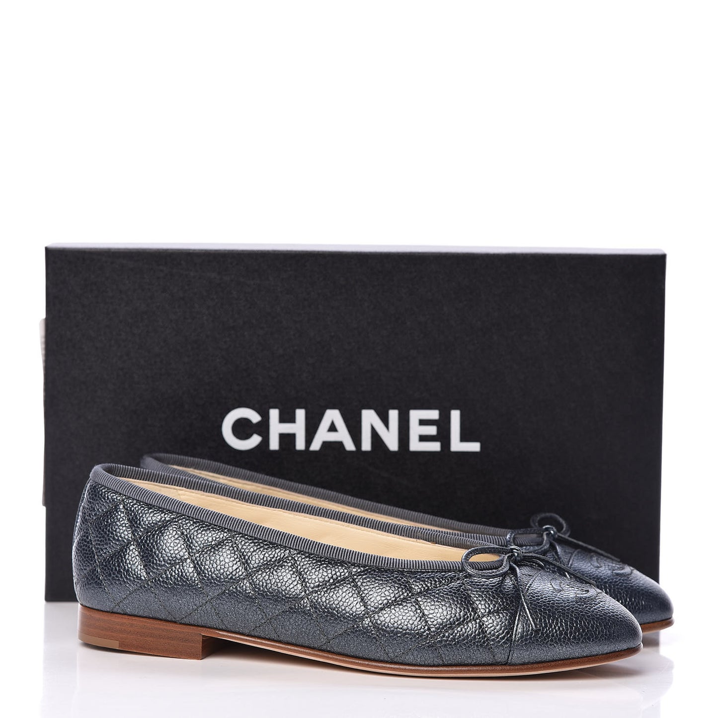 Metallic Caviar Quilted Cap Toe Ballerina Flats 36.5 Anthracite