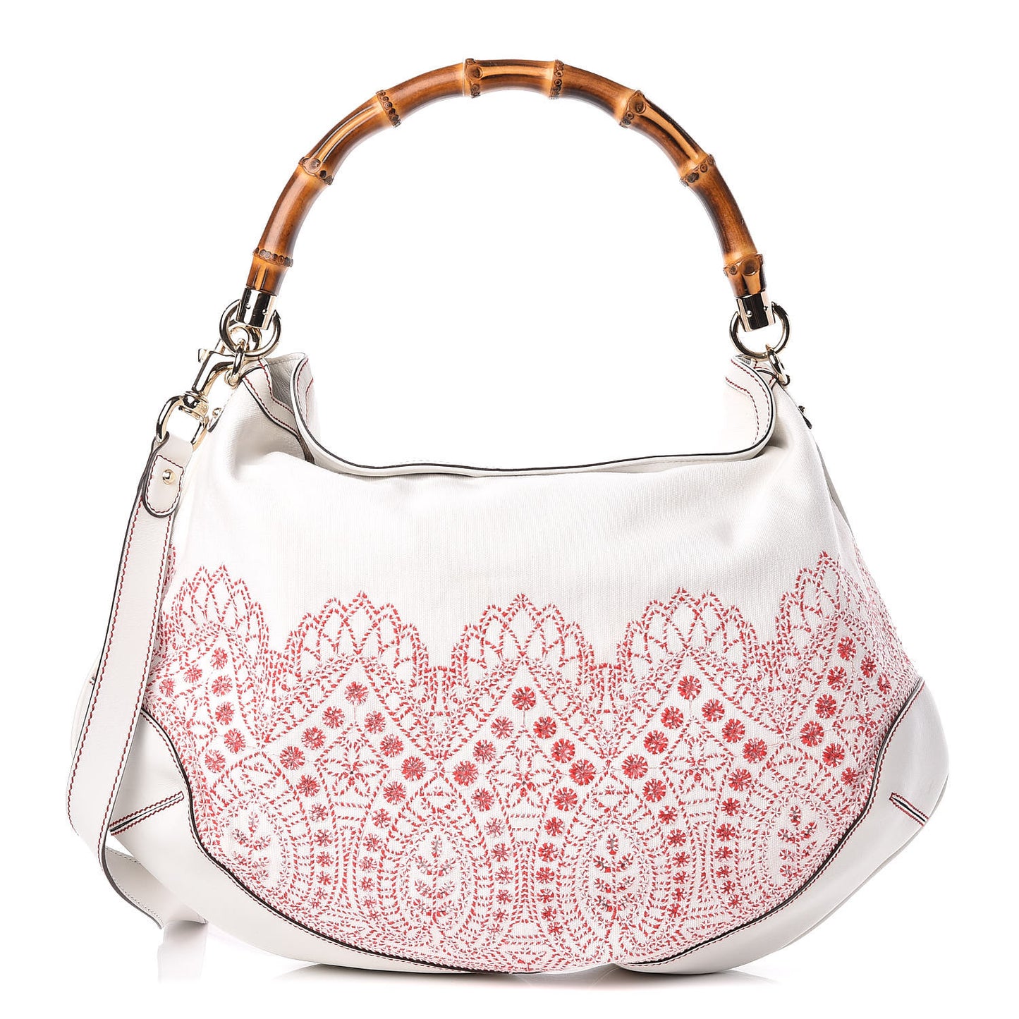 Canvas Embroidered Peggy Bamboo Top Handle Hobo White