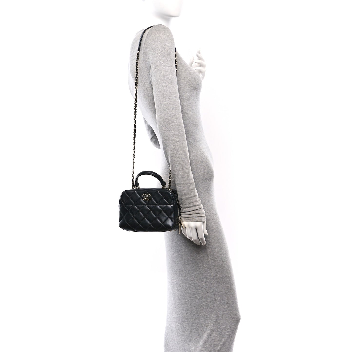 Lambskin Quilted Small Trendy CC Bowling Bag Black