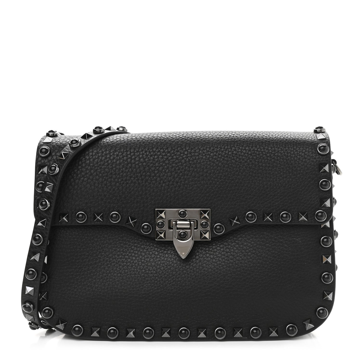 Valentino Garavani Pebbled Calfskin Onyx Medium Rockstud Rolling Flap Saddle Bag Black 1 of 11