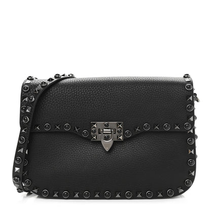 Valentino Garavani Pebbled Calfskin Onyx Medium Rockstud Rolling Flap Saddle Bag Black 1 of 11