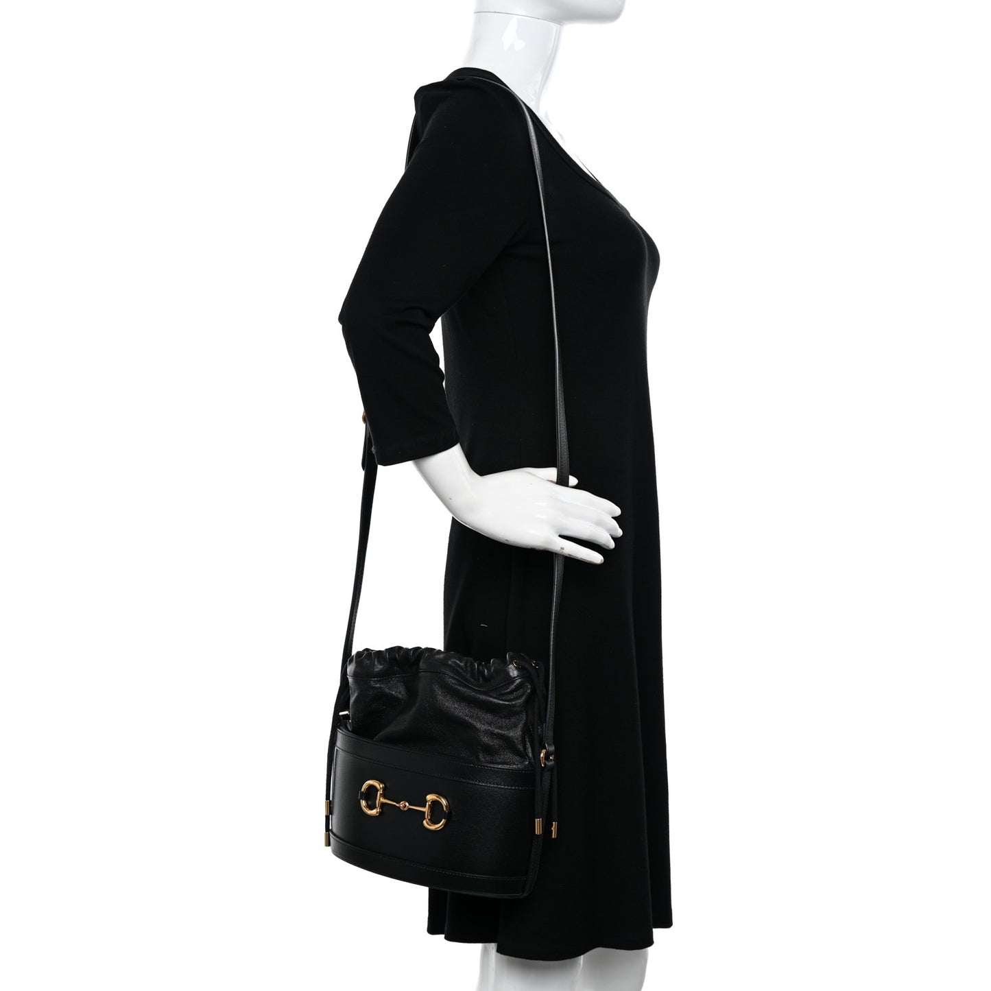 Azalea Sakai Calfskin Horsebit 1955 Drawstring Bucket Bag Black