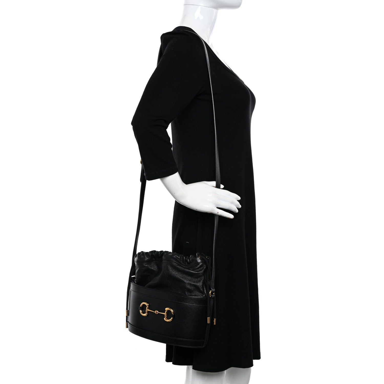 Gucci Azalea Sakai Calfskin Horsebit 1955 Drawstring Bucket Bag Black 2 of 19