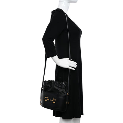 Gucci Azalea Sakai Calfskin Horsebit 1955 Drawstring Bucket Bag Black 2 of 19