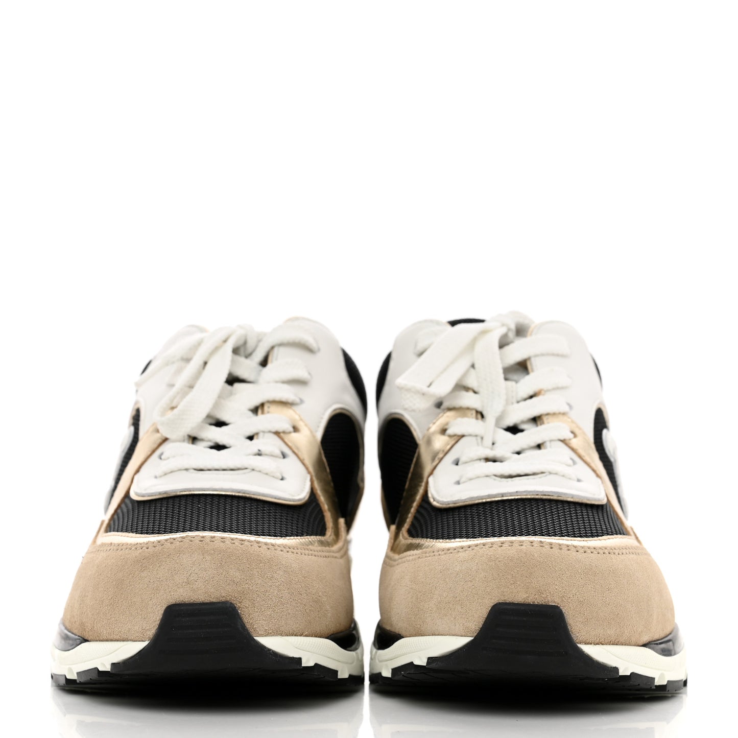 Mesh Suede Calfskin Womens CC Sneakers 38.5 White Black Beige Gold