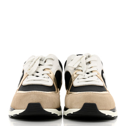 Chanel Mesh Suede Calfskin Womens CC Sneakers 38.5 White Black Beige Gold 2 of 8
