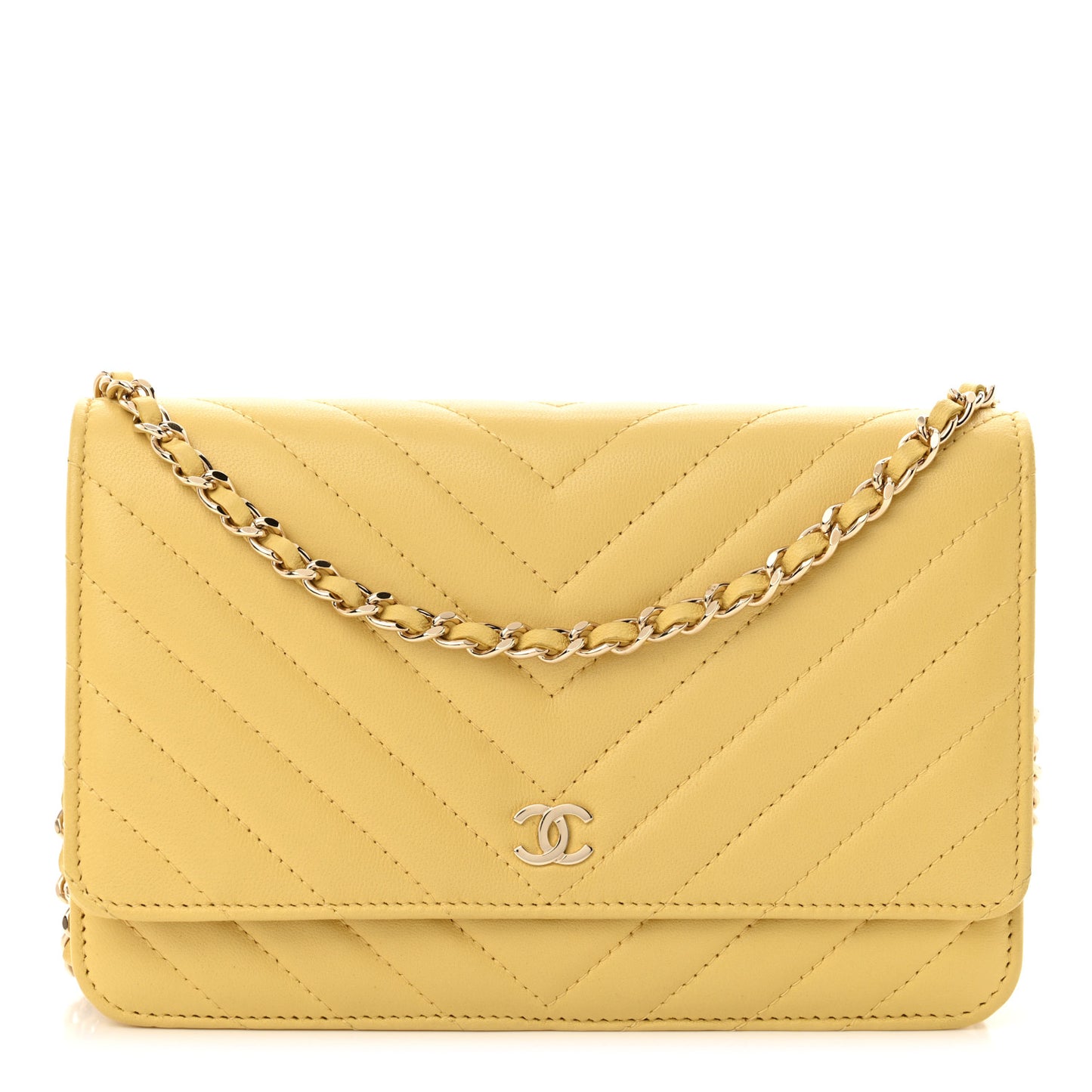 Lambskin Chevron Quilted Wallet On Chain WOC Yellow
