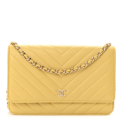 Chanel Lambskin Chevron Quilted Wallet On Chain WOC Yellow 1 of 12