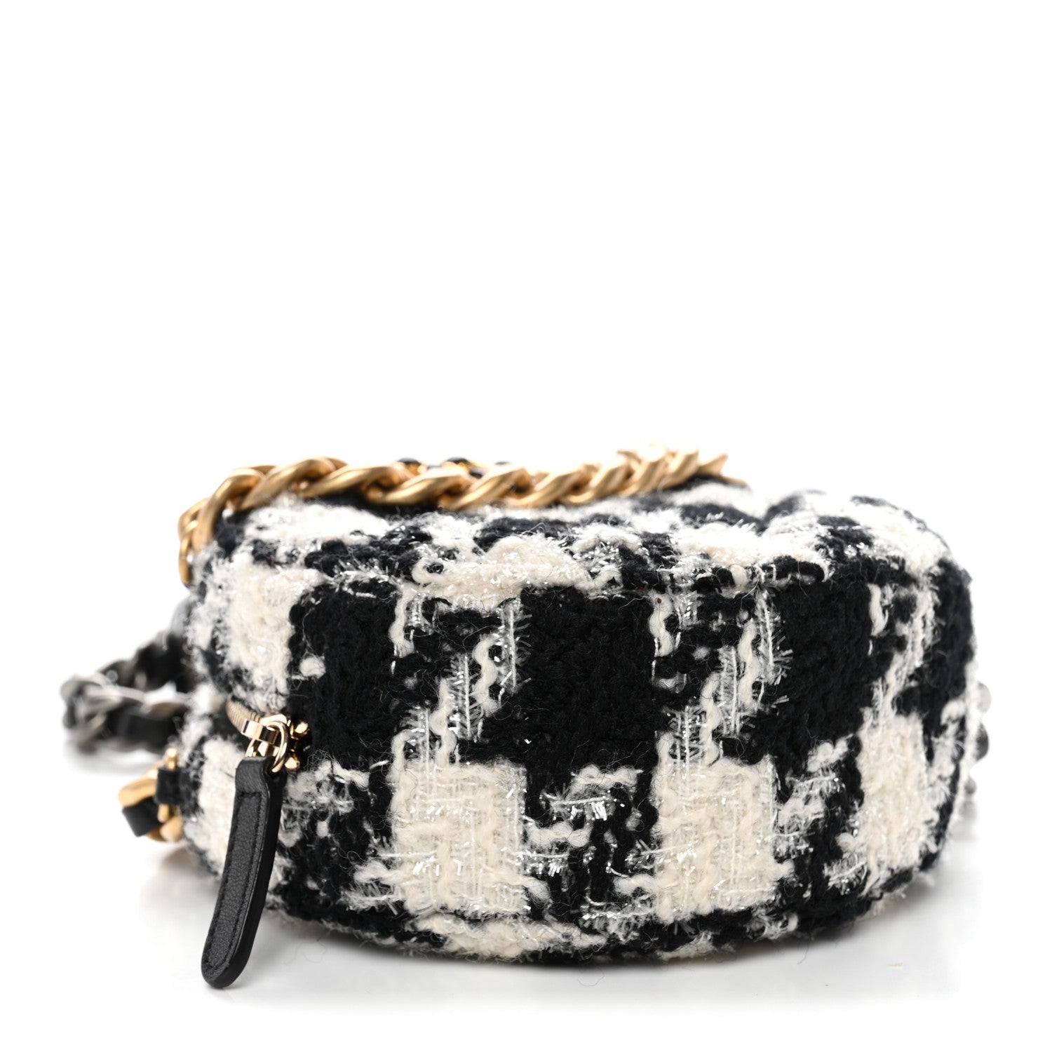 Chanel Wool Tweed Lambskin Quilted Chanel 19 Round Clutch With Chain and Coin Purse Black White Ecru 4 of 10