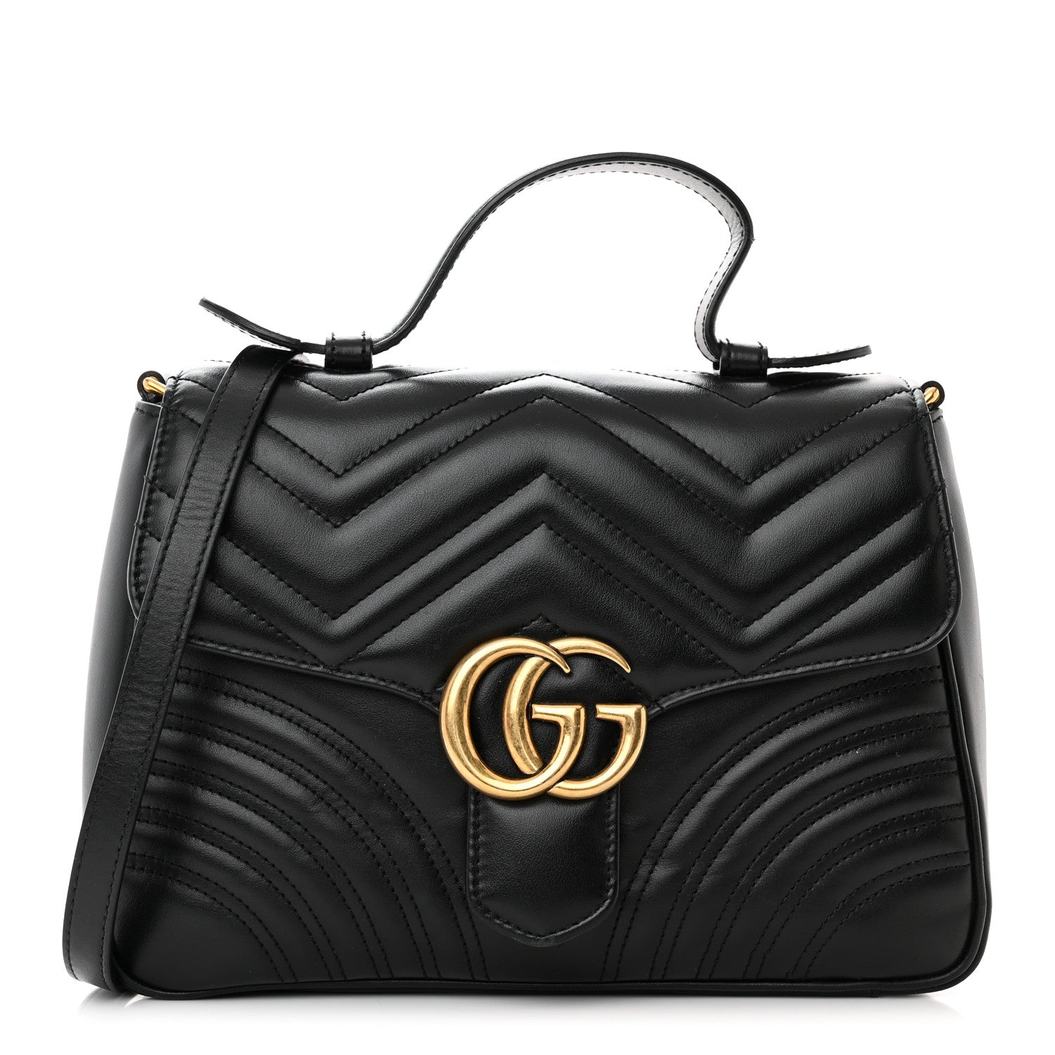 Gucci Calfskin Matelasse Small GG Marmont Top Handle Shoulder Bag Black 1 of 13
