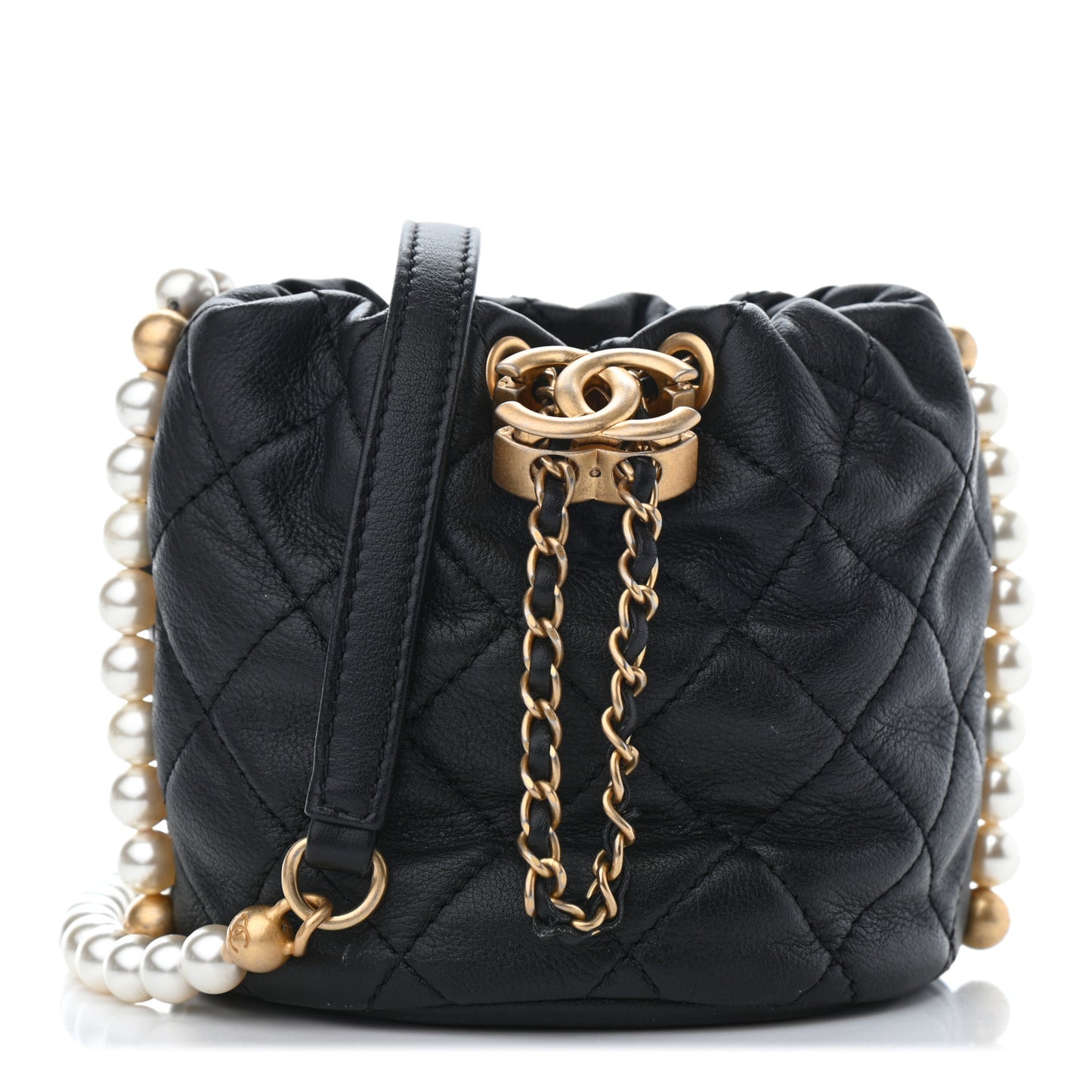 Calfskin Quilted Pearl Mini About Pearls Drawstring Bucket Bag Black