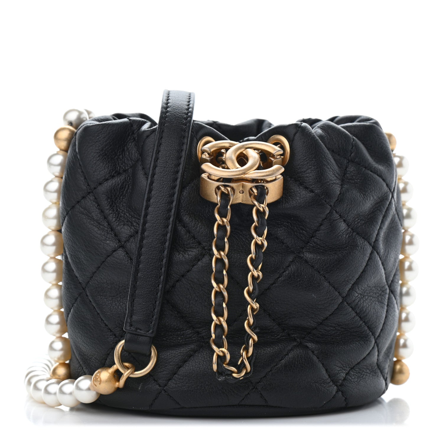 Chanel Calfskin Quilted Pearl Mini About Pearls Drawstring Bucket Bag Black 1 of 6