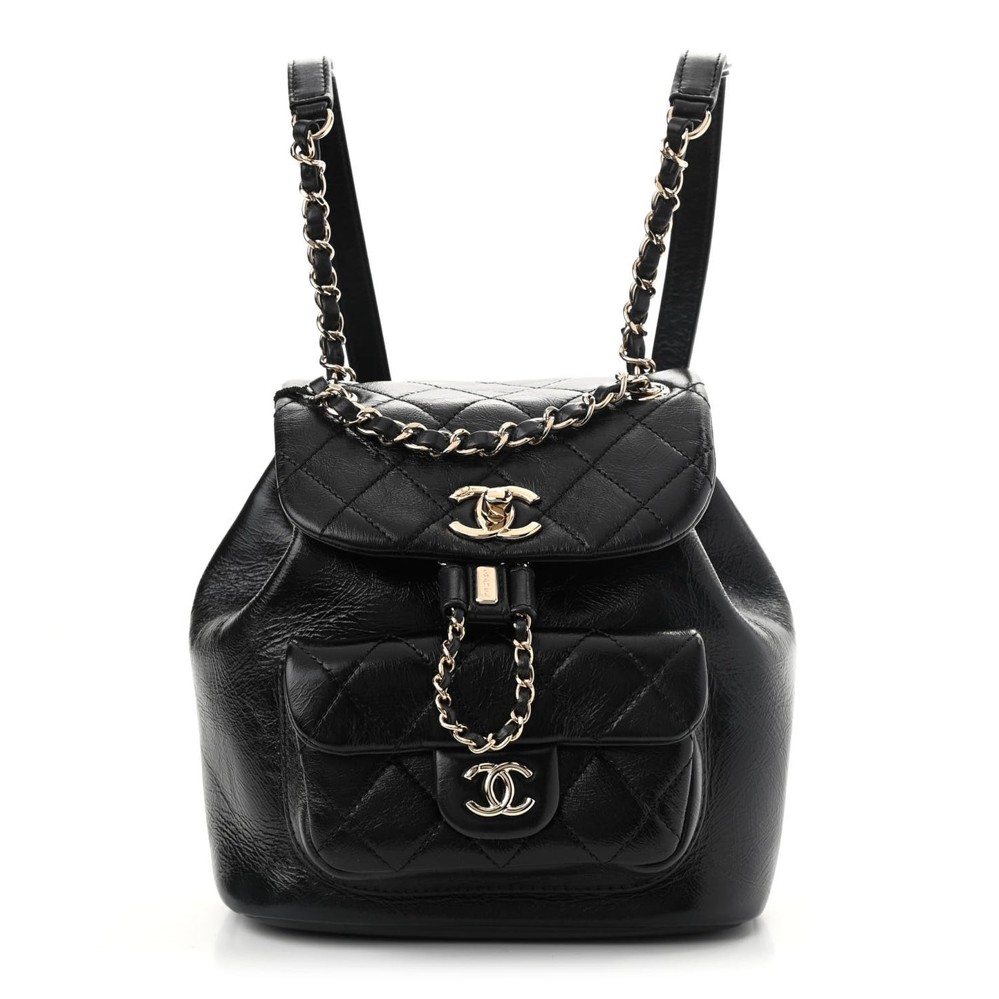 Glazed Aged Calfskin Quilted Small Duma Drawstring Backpack Black