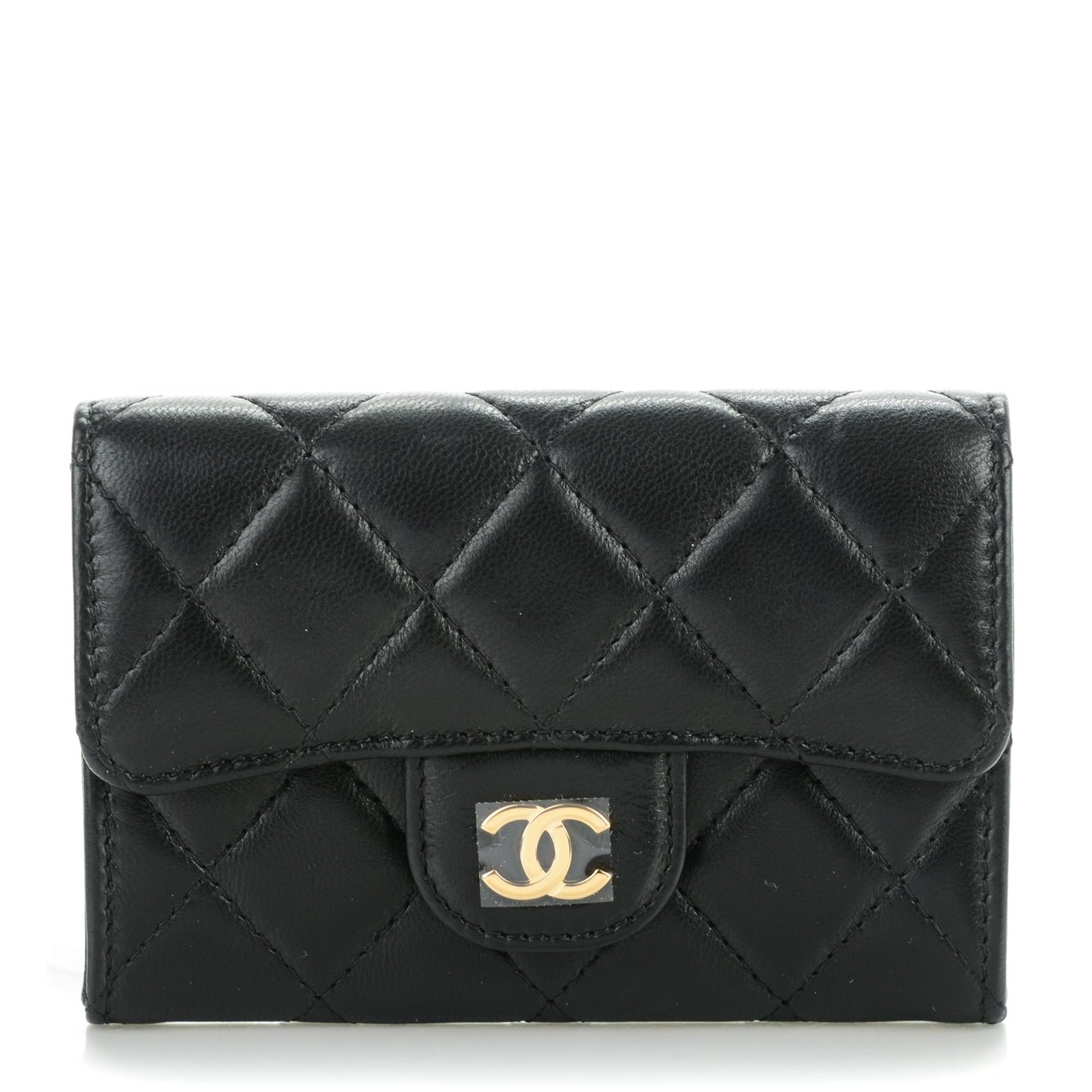 Lambskin Quilted Flap Card Holder Black