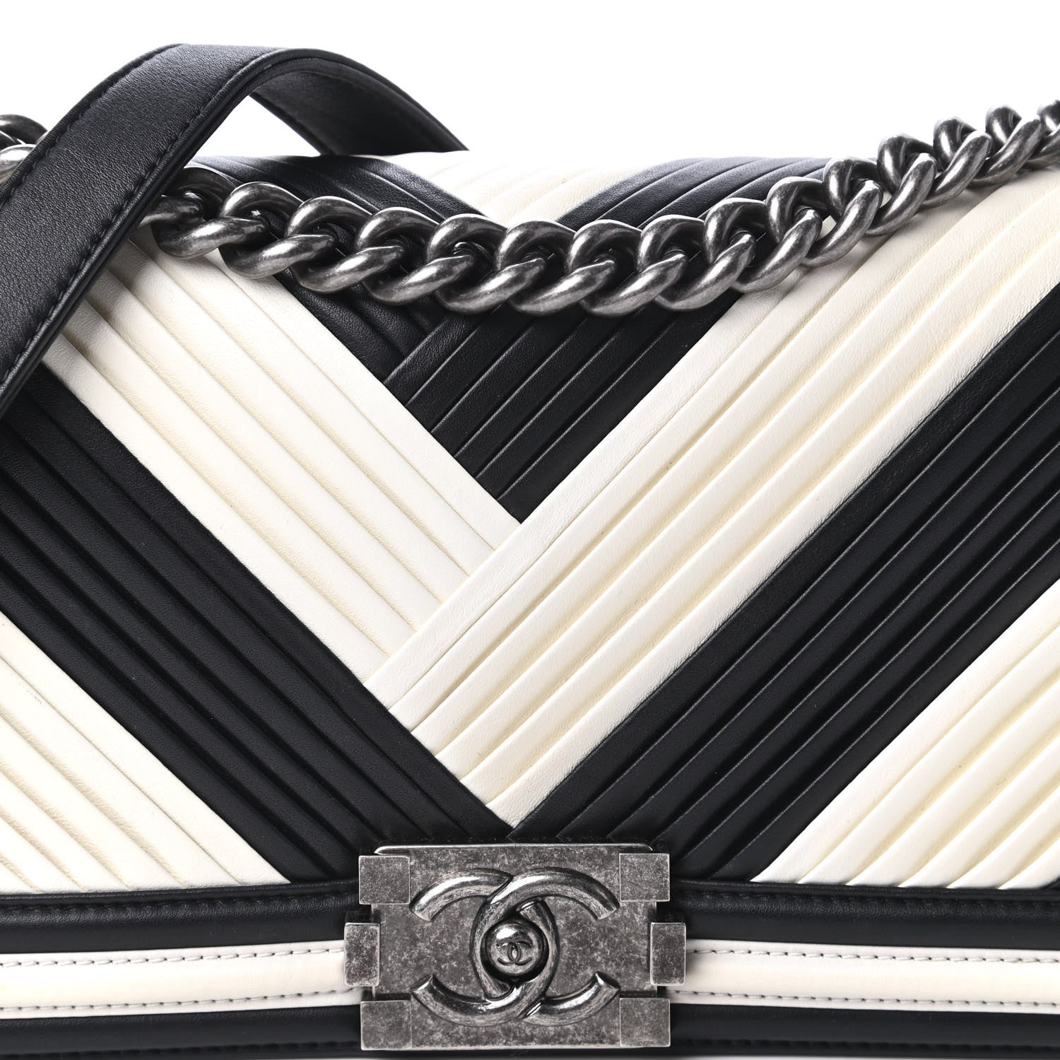 Chanel Calfskin Pleated Medium Boy In Rome Flap Black White 10 of 11